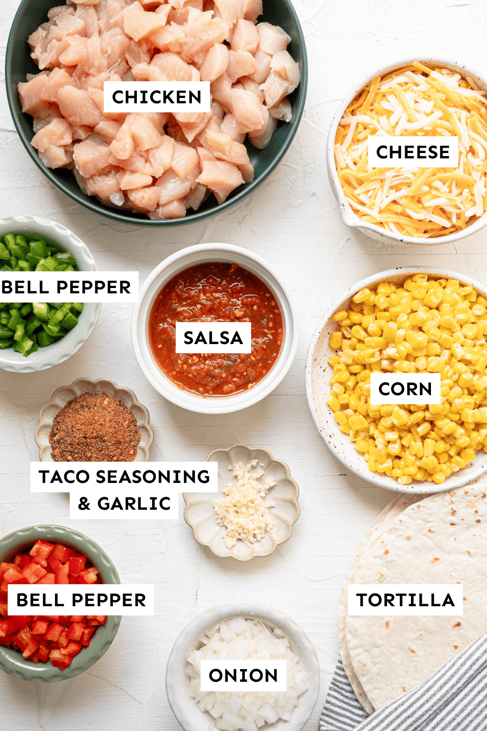 Labeled ingredients for chicken fajita casserole.