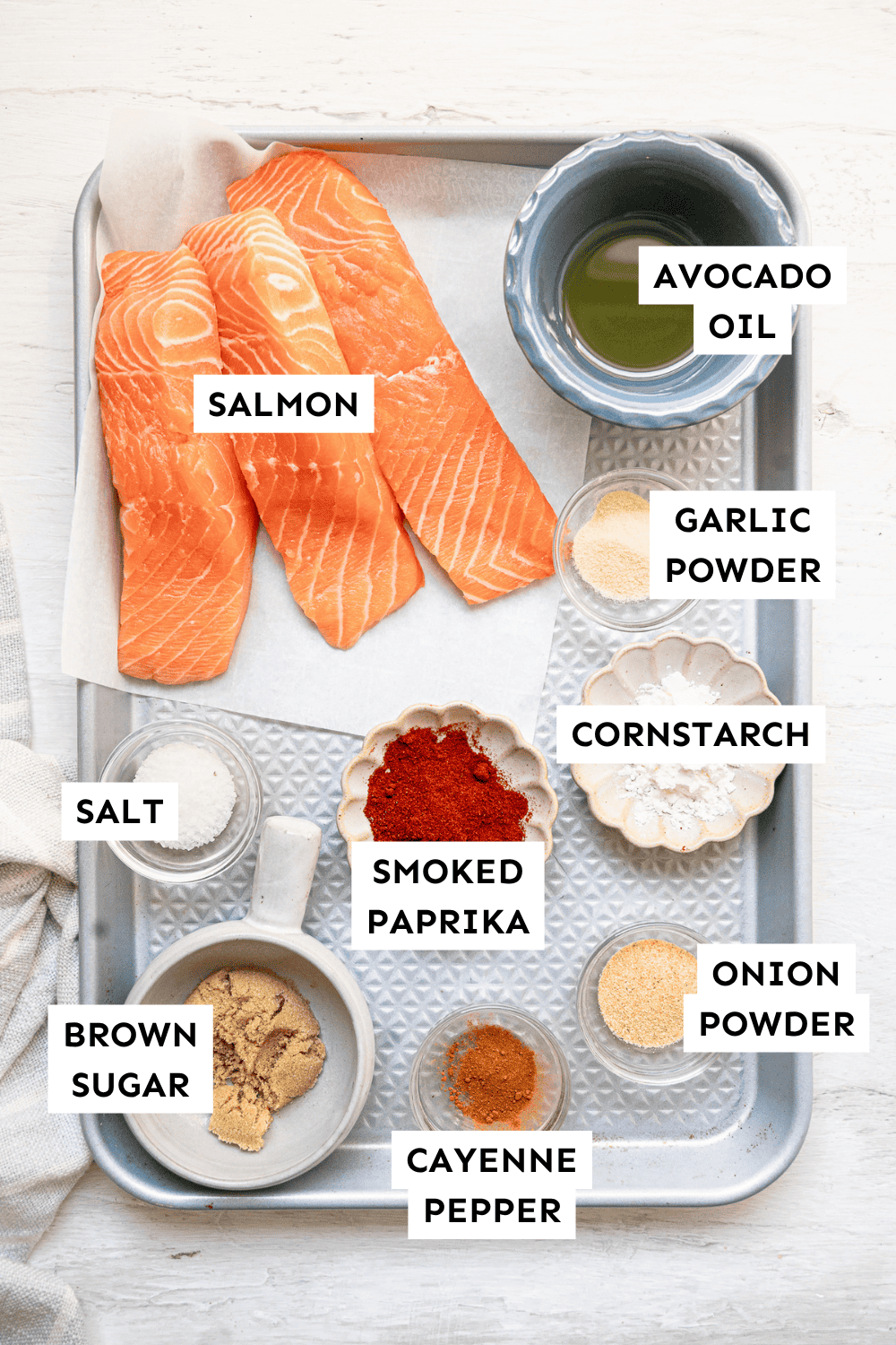 Ingredients for air fryer salmon bites measured out and labeled.
