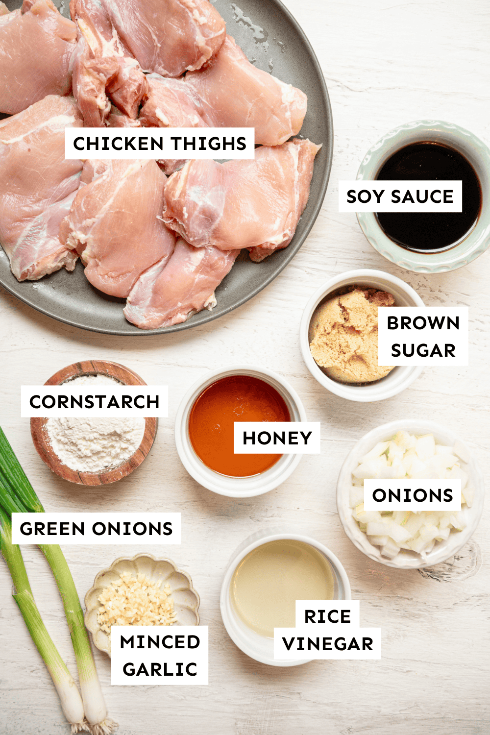 Slow cooker teriyaki chicken thighs ingredients measured out and labeled.