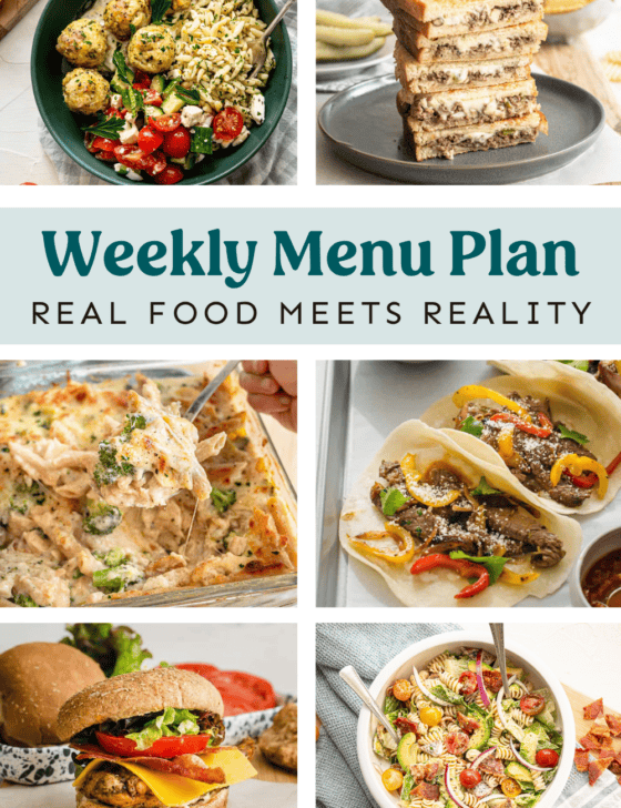 Collage of meals on weekly menu plan.