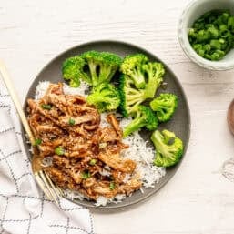 Shredded teriyaki chicken on rice with steamed broccoli on the side.
