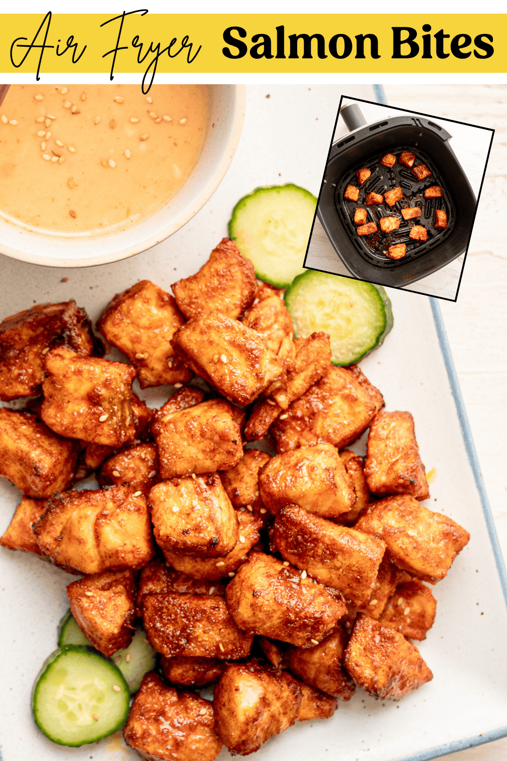 Air fryer salmon bites on a platter with Bang Bang Sauce and sliced cucumbers.