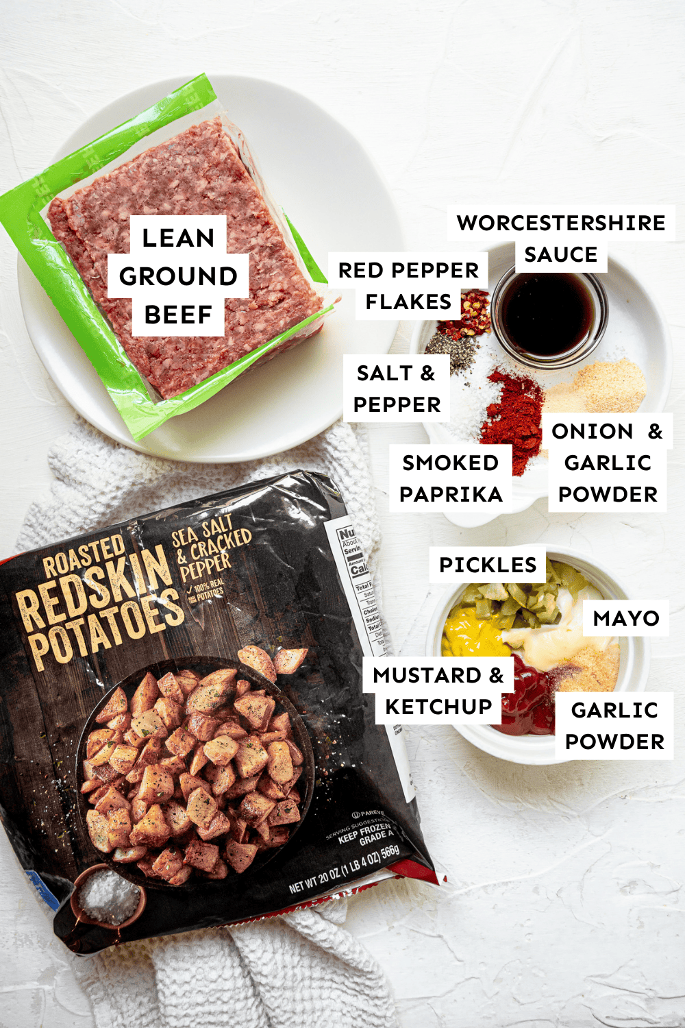 Burger bowl ingredients measured out and labeled.