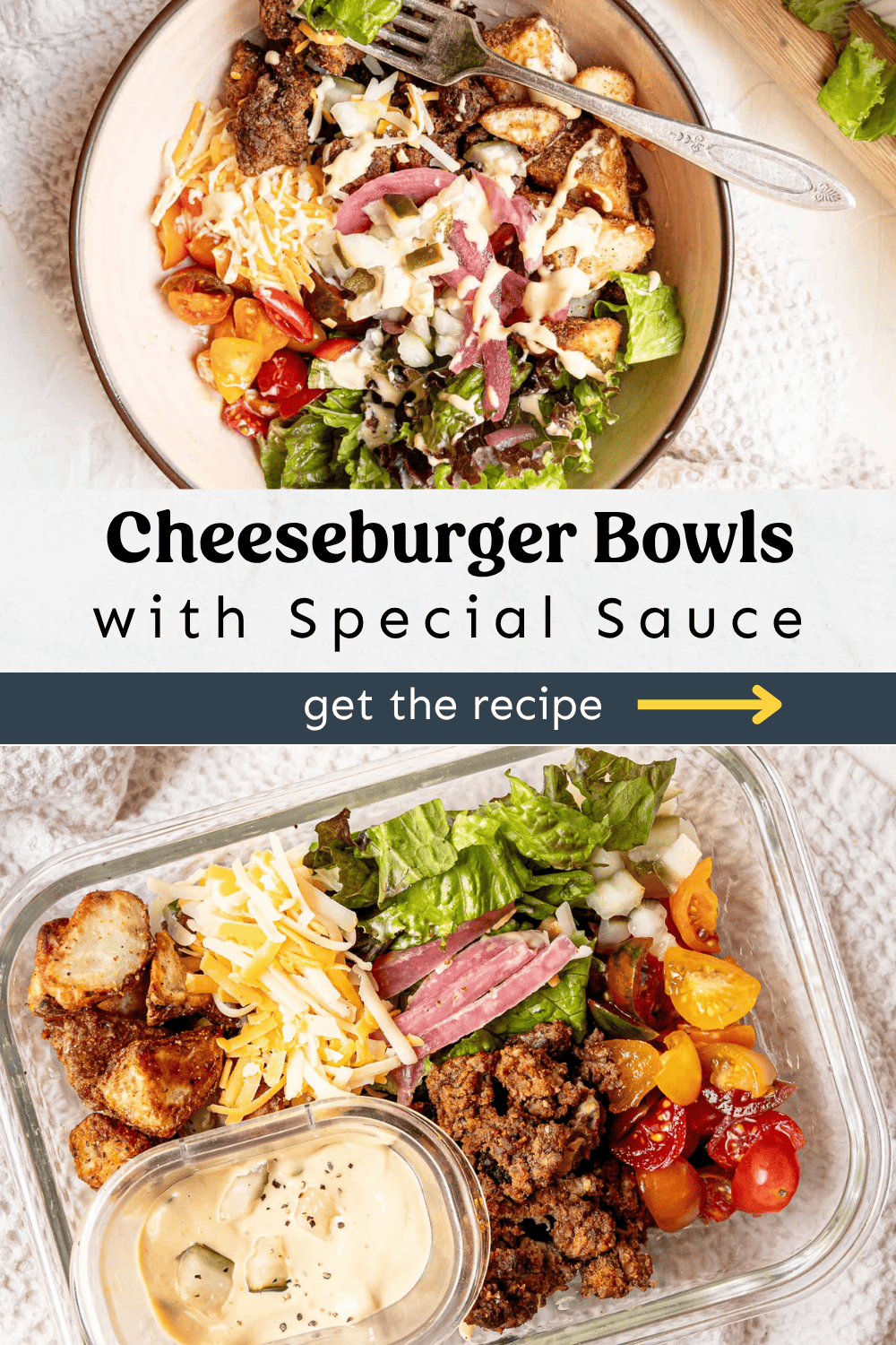 Cheeseburger bowl in a bowl and a meal prep container with potatoes, cheese, lettuce, pickled red onion, pickles, tomatoes, and seasoned ground beef and a side of special burger sauce.