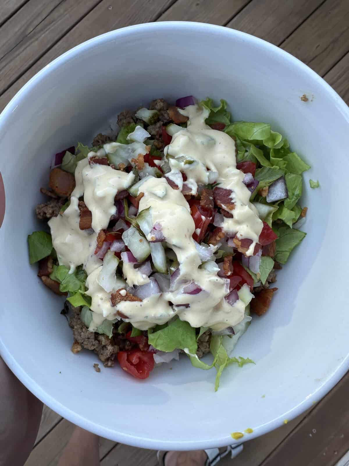 Cheeseburger bowl test with special burger sauce on top.