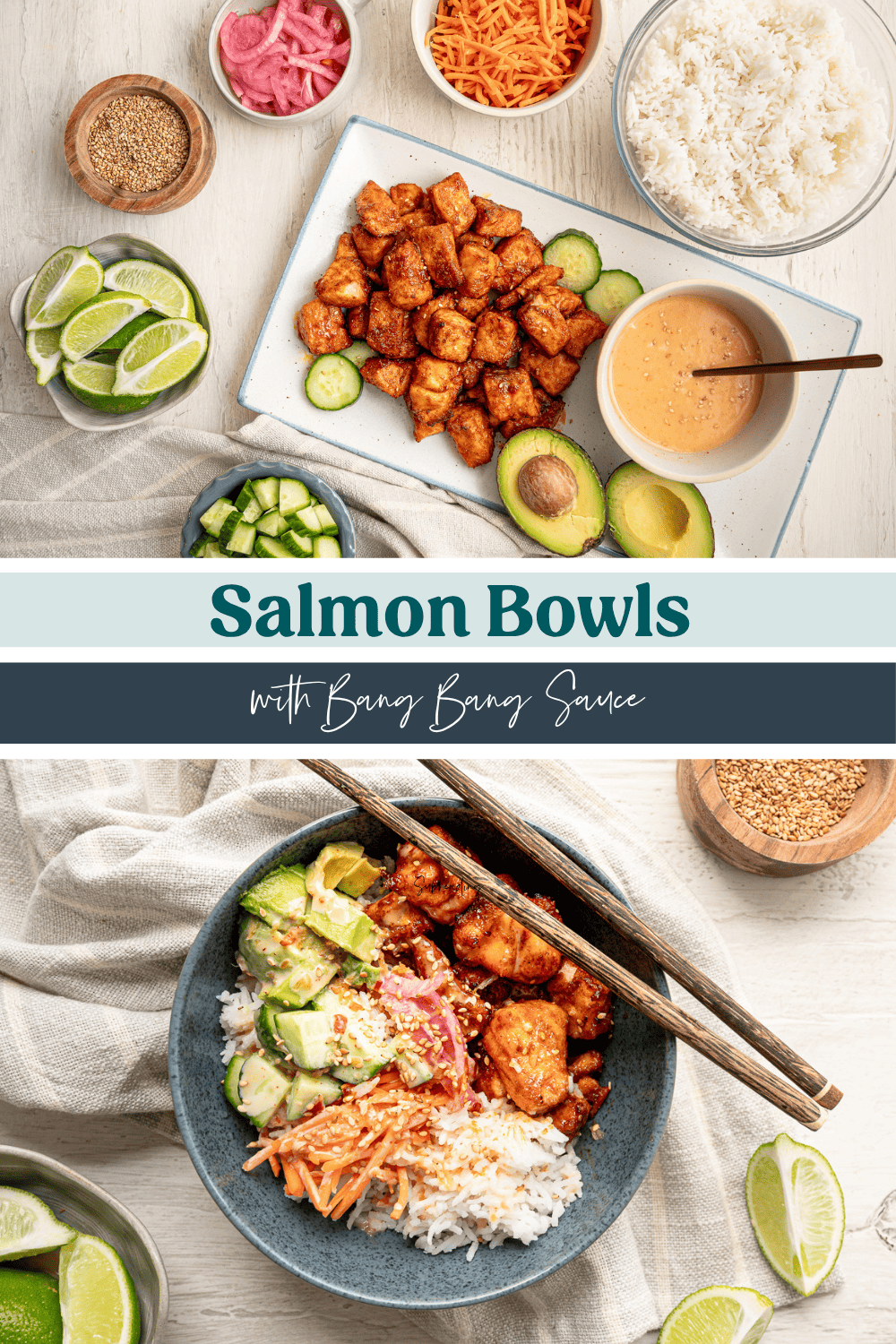 A photo of a salmon bang bang bowl on the bottom with the photo on top having all the ingredients in separate bowls.