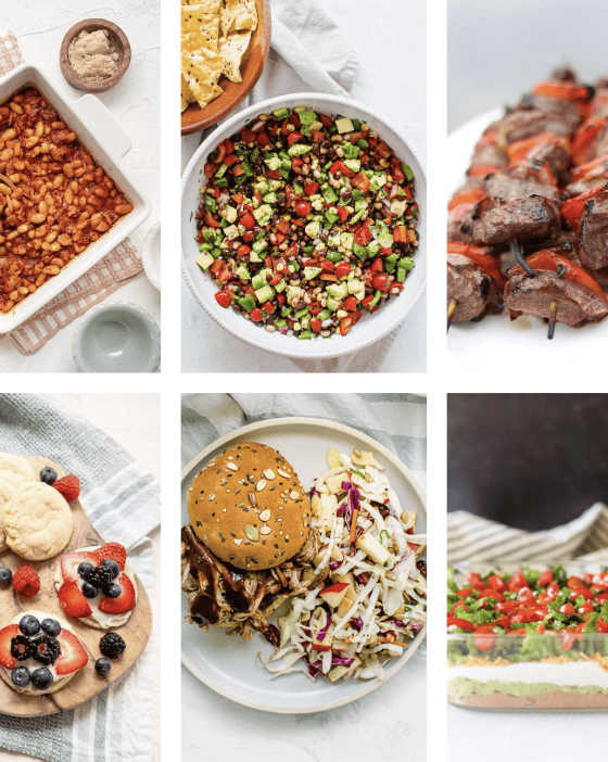 4th of July food ideas including baked beans, fiesta salad, steak kabobs, red, white, & blue fruit pizza cookies, pulled pork sandwiches, coleslaw, and an appetizer dip.
