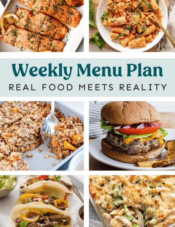 Collage of dishes on weekly meal plan.