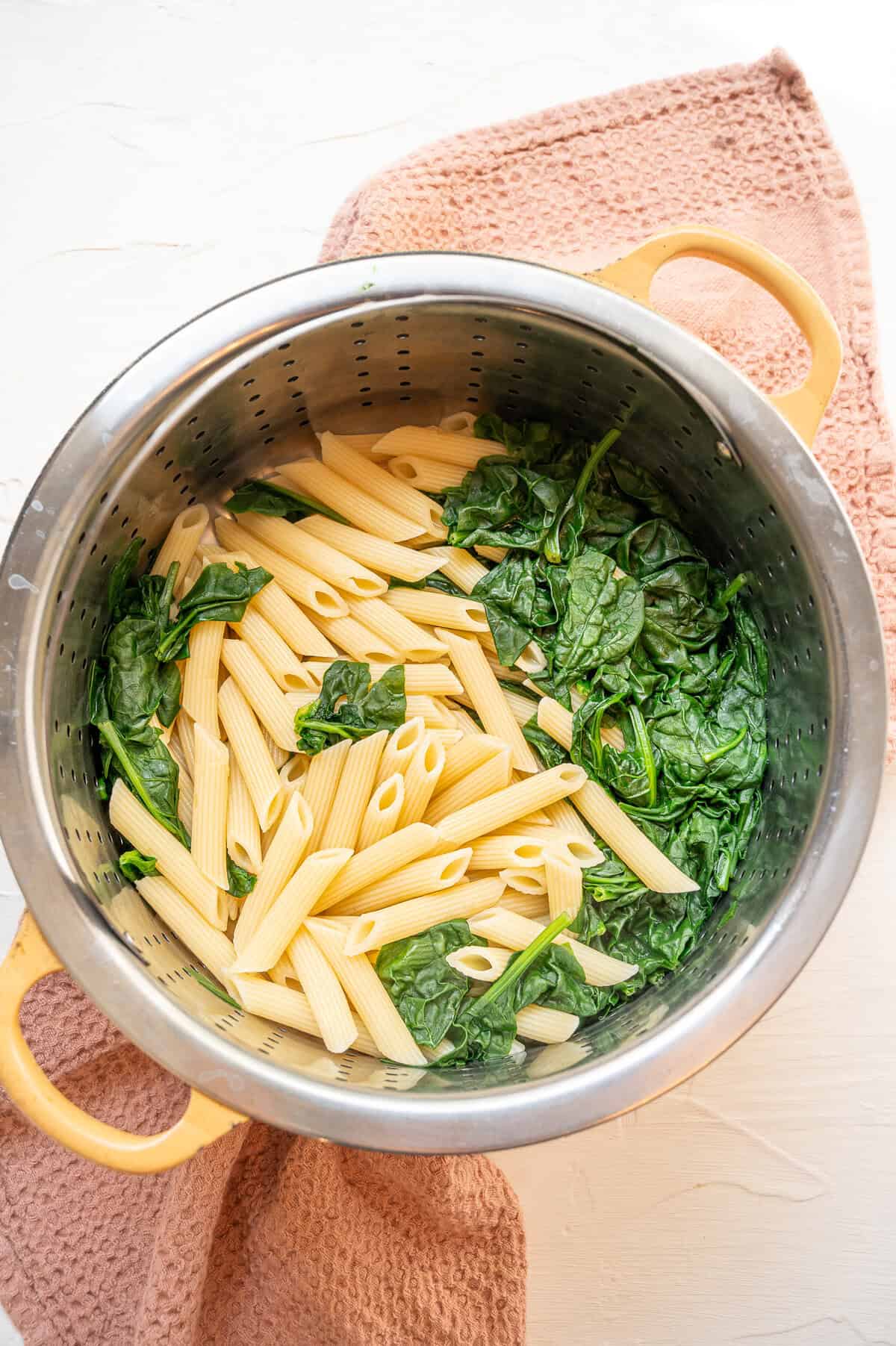 Cooked pasta and spinach in a colander.