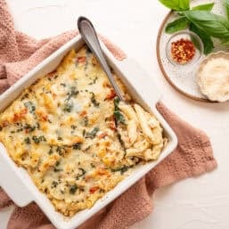A 9x9 dish of marry me chicken casserole out of the oven.