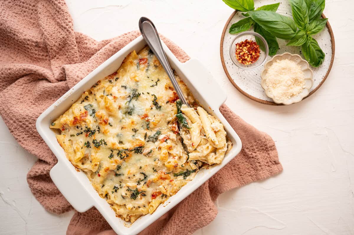 A 9x9 dish of marry me chicken casserole out of the oven.