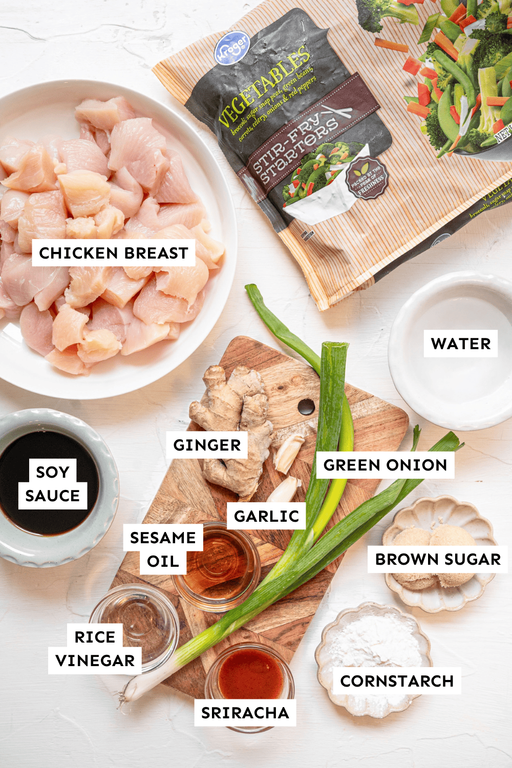 Ingredients for chicken stir fry measured out and labeled.