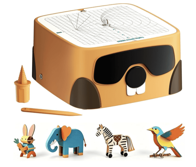 Orange kids cardboard cutter with cardboard animal cutouts.