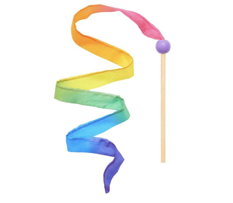 Rainbow silk ribbon streamer with a wooden handle.