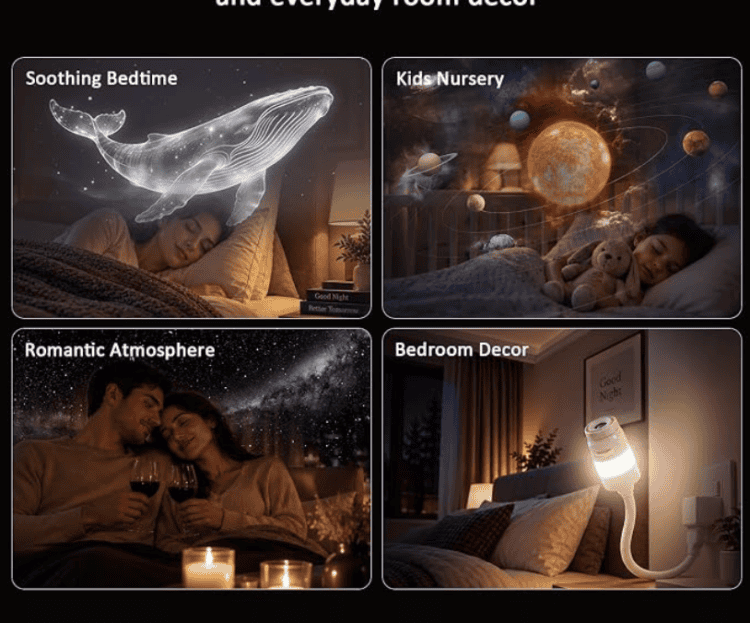 Galaxy projector night light shining a starry scene on a bedroom ceiling.
