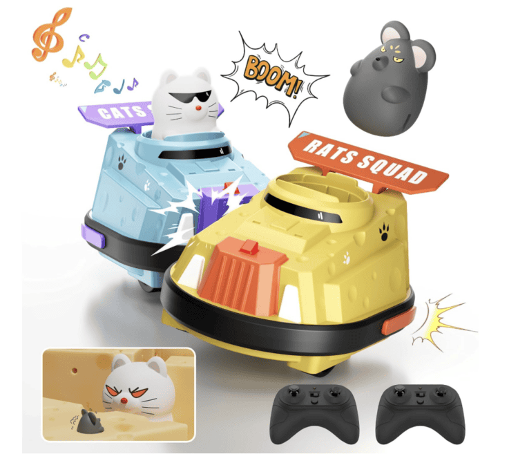 Two cat and mouse remote control bumper cars with controllers.