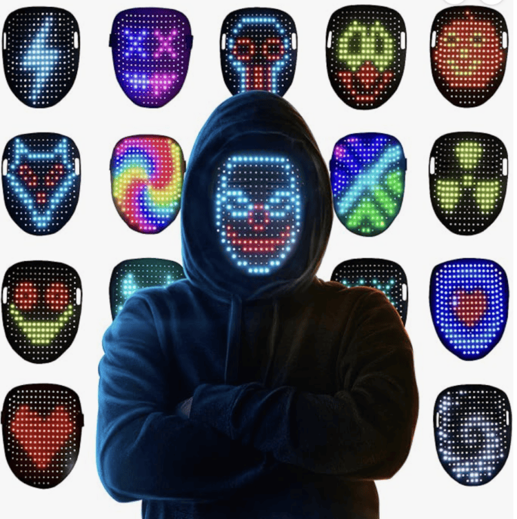 Black LED light-up mask showing different glowing face designs.