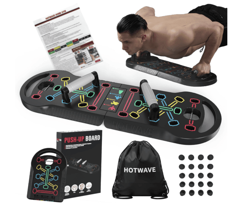 Black push up board with colorful hand-position guides and handles.