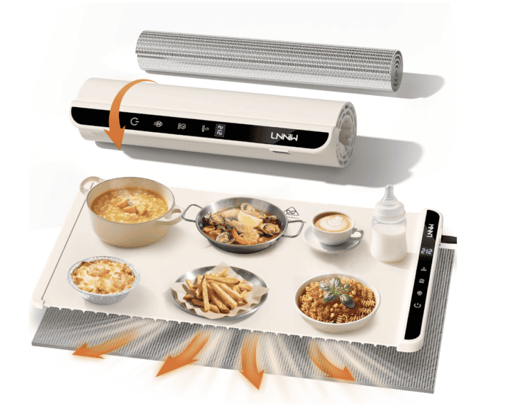 Off-white roll-up food warming mat with dishes of food on top.