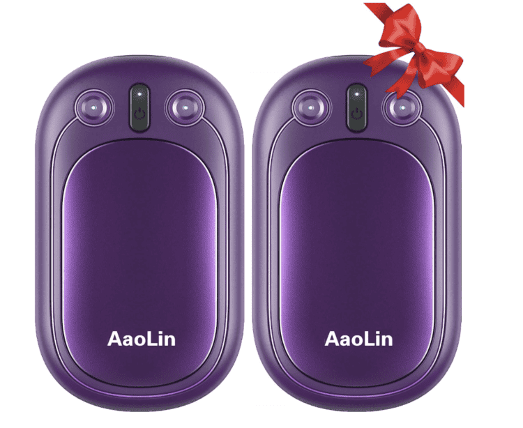 Two purple AaoLin rechargeable hand warmers.