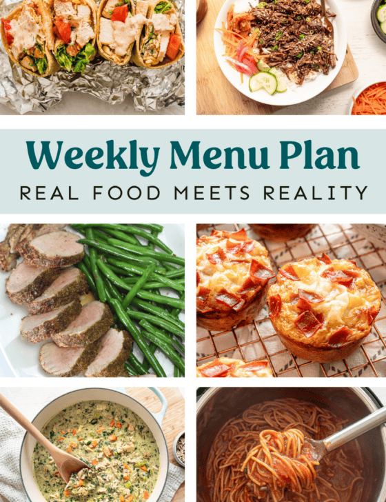 Collage of dishes from the weekly menu plan.